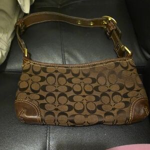 Coach Brown Signature Canvas Logo Shoulder Bag with Leather Trim